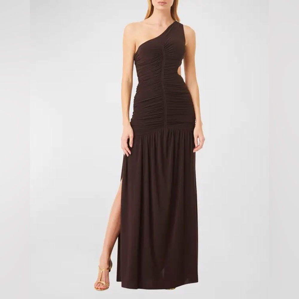 MISA Brown Samsara One-Shoulder Ruched Cutout Maxi Slit Long Dress XXS